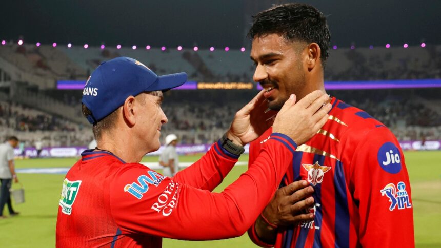 IPL 2026: LSG head coach Justin Langer celebrates the win over KKR with Mukul Choudhary. (CREIMAS)