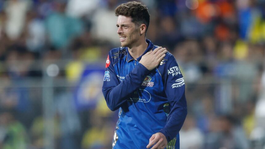 Mitchell Santner of Mumbai Indians reacts during the IPL 2026 match against Chennai Super Kings at Wankhede Stadium. (Photo: Deepak Malik / CREIMAS for IPL)