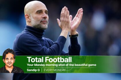 Manchester City's head coach Pep Guardiola applauds supporters at the end of the English Premier League soccer match between Manchester City and and Arsenal, in Manchester, England, Sunday, April 19, 2026. (AP Photo)