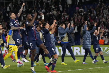 PSG's celebrate after the Champions League semifinal first leg soccer match between Paris Saint-Germain and Bayern Munich in Paris, Tuesday, April 28, 2026. (AP Photo)