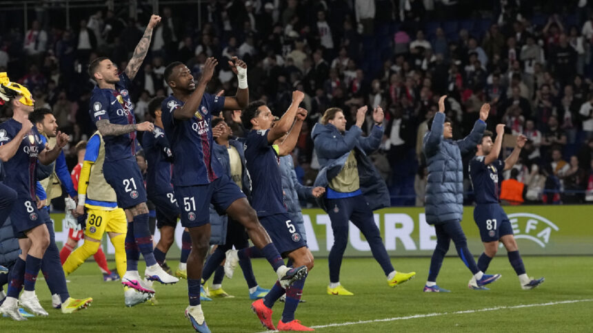 PSG's celebrate after the Champions League semifinal first leg soccer match between Paris Saint-Germain and Bayern Munich in Paris, Tuesday, April 28, 2026. (AP Photo)