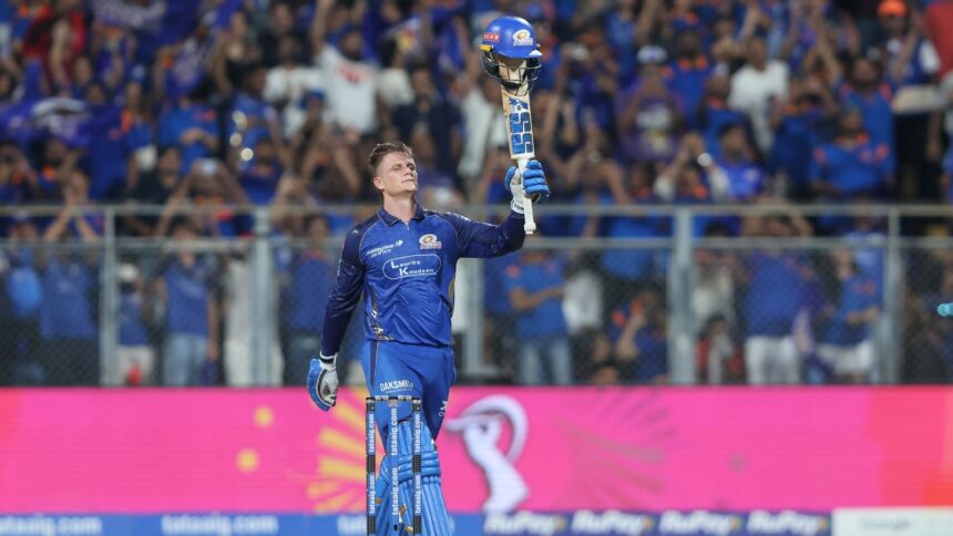 Rickelton smashed eight fours and seven sixes on his way to the mark, which is his first century in the IPL. (BCCI/Creimas Photo)
