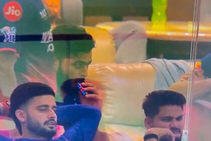 The clip is believed to have been recorded during RR’s 223-run chase against Punjab Kings, shortly after Riyan Parag’s dismissal. (JioHotstar screengrab)