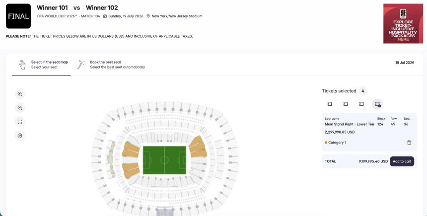 Four Category 1 tickets for resale for the World Cup final.