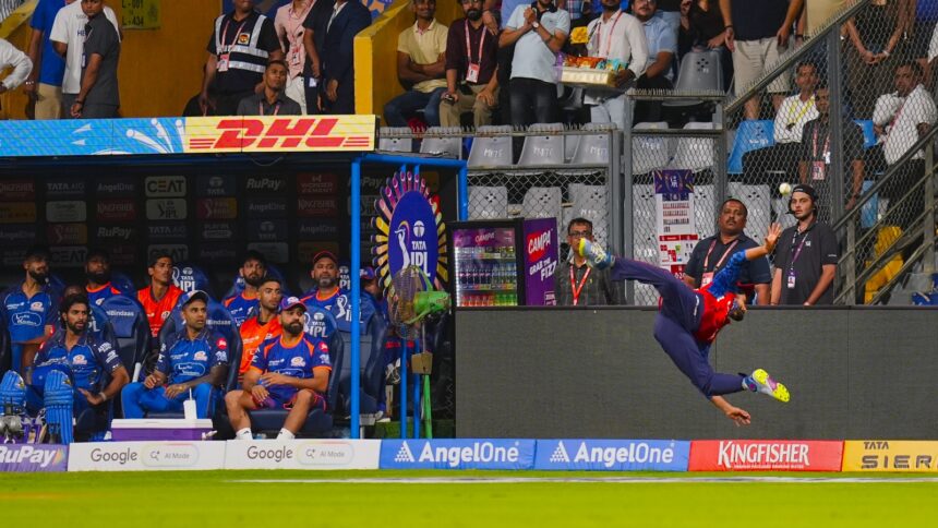 Punjab Kings' Shreyas Iyer attempts a catch of Mumbai Indians' Hardik Pandya during the Indian Premier League (IPL) 2026 cricket match at the Wankhede Stadium in Mumbai. (PTI Photo/Kunal Patil)
