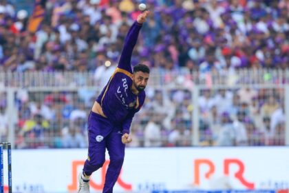 Chakaravarthy's spell of 3/14 in four overs – including the scalp of teenage sensation Vaibhav Sooryavanshi - on a helpful pitch pulled back the visitors. (BCCI/Creimas Photo)