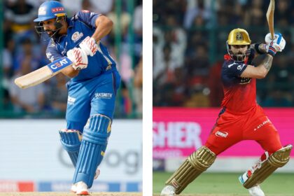 Rohit Sharma bats for Mumbai Indians (left) and RCB's Virat Kohli. (Photos: Creimas)