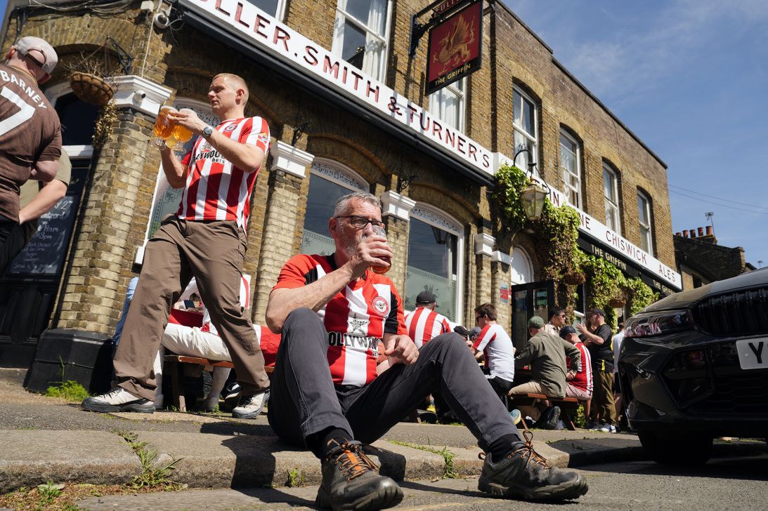 Brentford fans at the Griffin pub, ahead of a Premier League match at the Gtech Community Stadium, London, on May 2.