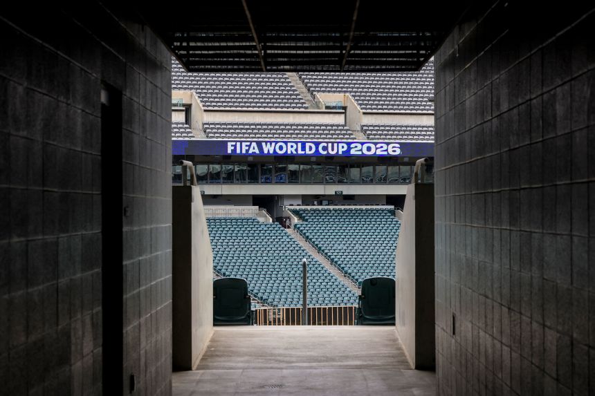 A World Cup banner is displayed inside Philadelphia's Lincoln Financial Field on April 28 as preparations are made.