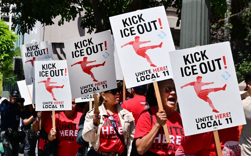 SOFI Stadium workers protest on May 1 outside the FIFA World Cup Los Angeles office, calling for ICE to be banned from the World Cup.