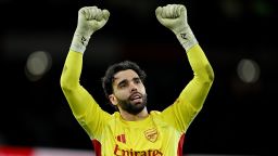 David Raya of Arsenal celebrates after the team's victory in the Premier League match between Arsenal and Chelsea at Emirates Stadium on March 01, 2026 in London, England.