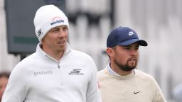 May 11, 2026; Newtown Square, Pennsylvania, Matt Fitzpatrick (L) and Alex Fitzpatrick (R) on the 9th tee during a practice round of the PGA Championship golf tournament at Aronimink Golf Club. Mandatory Credit: Bill Streicher-Imagn Images