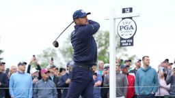 May 14, 2026; Newtown Square, Pennsylvania, USA; Bryson DeChambeau plays his shot from the 12th tee during the first round of the PGA Championship golf tournament at Aronimink Golf Club. Mandatory Credit: James Lang-Imagn Images