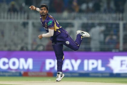 Anukul Roy of Kolkata Knight Riders bowls during an Indian Premier League 2026 match against Mumbai Indians at Eden Gardens, Kolkata. (Photo: CREIMAS for IPL)
