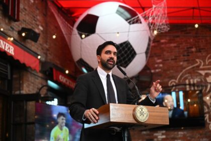 Mayor Zohran Mamdani holds a press conference to make a World Cup announcement at Harlem Tavern in New York City.