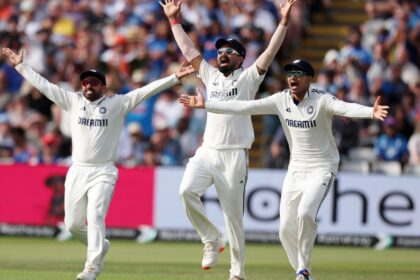 India's captain Shubman Gill, right, along with teammates appeal to the umpire during day four of the second cricket test match between England and India at Edgbaston in Birmingham, England, Saturday, July 5, 2025. (AP Photo/Scott Heppell)
