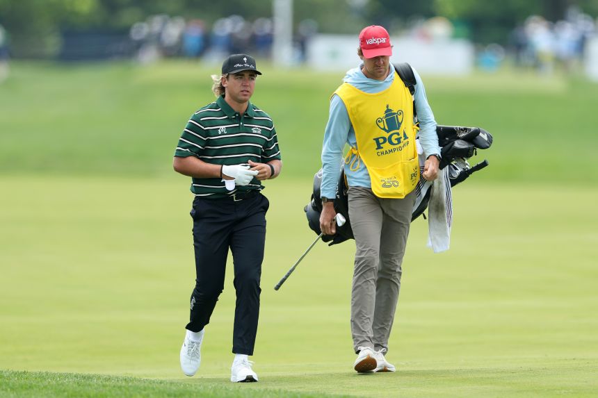 Garrick Higgo of South Africa walks the 16th hole during the first round of the PGA Championship at Aronimink Golf Club.