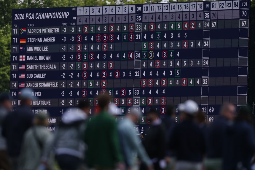The scoreboard during the earlier stages of the first round of the PGA Championship.