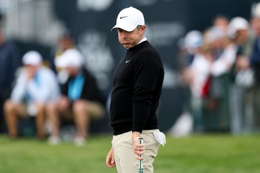 Rory McIlroy reacts after a putt on the ninth green during the first round of the PGA Championship.