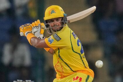 Chennai Super Kings' Kartik Sharma hits a boundary during the Indian Premier League cricket match between Chennai Super Kings and Delhi Capitals in New Delhi, India, Tuesday, May 5, 2026. (AP Photo)
