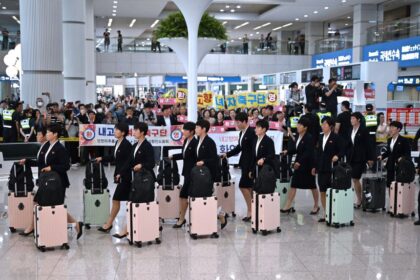 North Korea's Naegohyang Women's FC players arrive at Incheon International Airport on Sunday ahead of the Women's Asian Champions League semi-final football match against South Korea's Suwon FC Women.