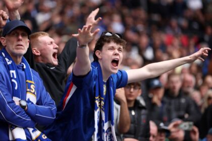 A Chelsea fan reacts during the Emirates FA Cup Final match between Chelsea and Manchester City on Saturday in London, England.