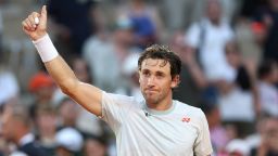 Casper Ruud of Norway acknowledges the crowd after victory in his Men's Singles first round match against Roman Safiullin on Day Two of the 2026 French Open at Roland Garros on May 25, 2026 in Paris, France.