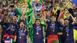 PSG players celebrate after winning the Champions League on Saturday.