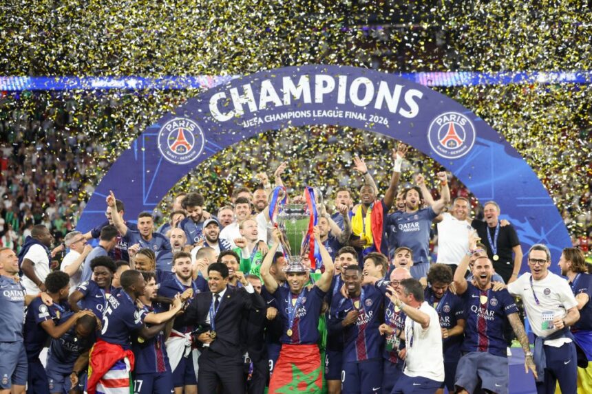 Paris Saint-Germain celebrates winning the Champions League final.