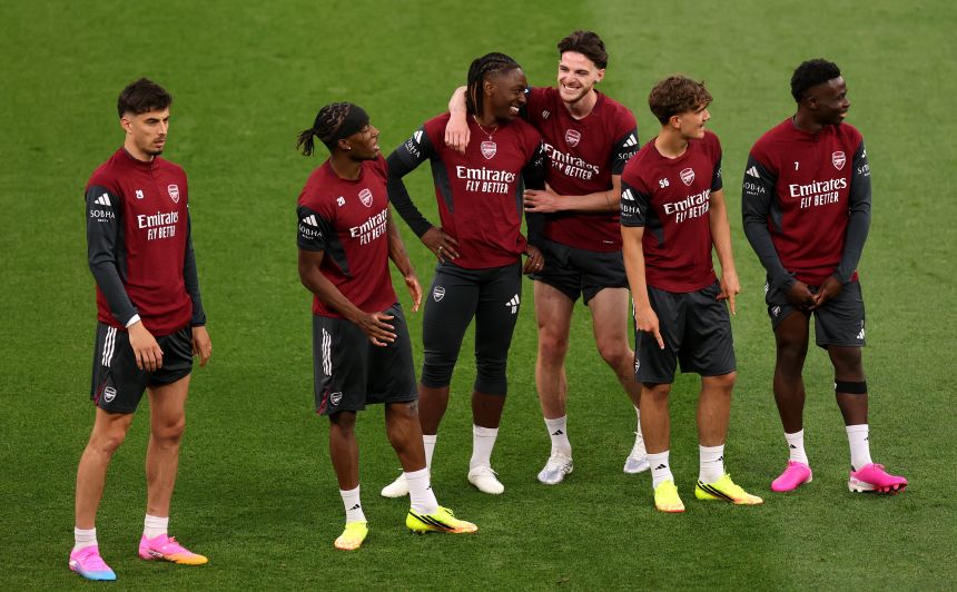 Arsenal players train in Budapest the day before the big game.