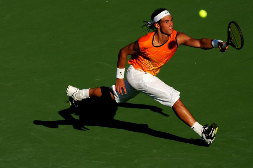 Nadal returns a shot to David Ferrer on April 1, 2005 in Florida.