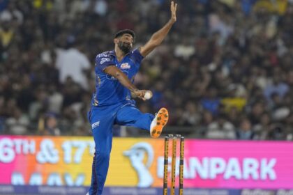 Mumbai Indians' Jasprit Bumrah bowls a delivery during the Indian Premier League cricket match between Royal Challengers Bengaluru and Mumbai Indians in Raipur, India, Sunday, May 10, 2026. (AP Photo)