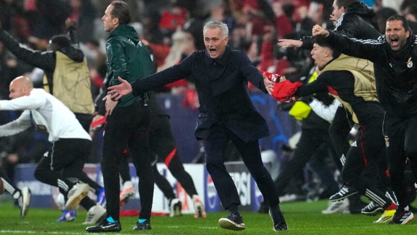 Benfica's head coach Jose Mourinho celebrating at the end of Champions League match against Real Madrid. (PHOTO: AP)