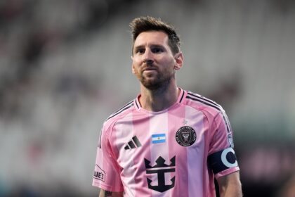 Messi kitted out for Miami against Philadelphia – his final game for his American club before joining the Argentine national team camp ahead of the World Cup. (AP Photo)
