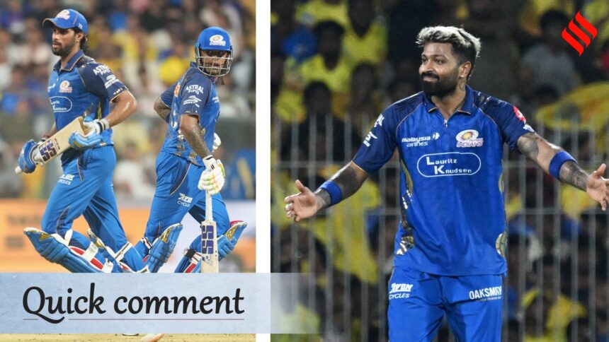 (LEFT) Mumbai Indians' Tilak Varma and Suryakumar Yadav take a single; (RIGHT) Mumbai captain Hardik Pandya reacts in the field during an IPL 2026 game. (Photos: AP)