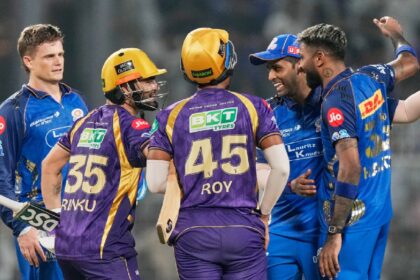 IPL 2026 Points Table Update: Mumbai Indians' captain Hardik Pandya, right, and Suryakumar Yadav congratulate Kolkata Knight Riders' Rinku Singh and Anukul Roy after winning the Indian Premier League cricket match. (AP Photo)