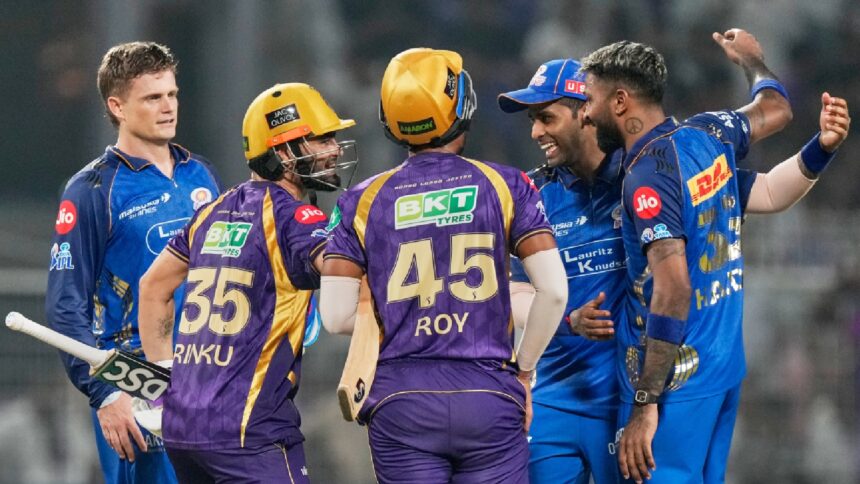 IPL 2026 Points Table Update: Mumbai Indians' captain Hardik Pandya, right, and Suryakumar Yadav congratulate Kolkata Knight Riders' Rinku Singh and Anukul Roy after winning the Indian Premier League cricket match. (AP Photo)