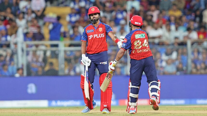 Shreyas Iyer of Punjab Kings and Prabhsimran Singh of Punjab Kings during Match 24 of the TATA Indian Premier League 2026 between Mumbai Indians and Punjab Kings at Wankhede Stadium, Mumbai, India, on April 16, 2026.
