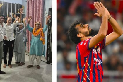 (LEFT) Prince Yadav's parents (centre) celebrate with relatives after he was named in the India squad; (RIGHT) Prince celebrates a wicket for LSG in IPL 0226. (Photos: Special arrangement and AP Photo)