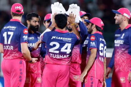 Rajasthan Royals players celebrates the wicket of Nitish Rana of Delhi Capitals during Match 43 of the TATA Indian Premier League 2026 between Rajasthan Royals and Delhi Capitals at Sawai Mansingh Stadium, Jaipur, India, on May 1, 2026. (CREIMAS for IPL)