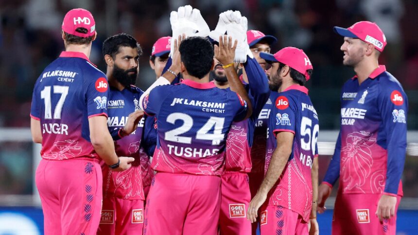 Rajasthan Royals players celebrates the wicket of Nitish Rana of Delhi Capitals during Match 43 of the TATA Indian Premier League 2026 between Rajasthan Royals and Delhi Capitals at Sawai Mansingh Stadium, Jaipur, India, on May 1, 2026. (CREIMAS for IPL)