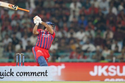 Lucknow Super Giants' Rishabh Pant loses control of his bat while playing a shot in an IPL 2026 game. (Photo: Creimas for IPL)