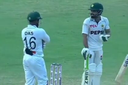 Pakistan’s Mohammad Rizwan and Bangladesh wicketkeeper Litton Das argue on the fourth day of the second Test. (Screengrab via X)