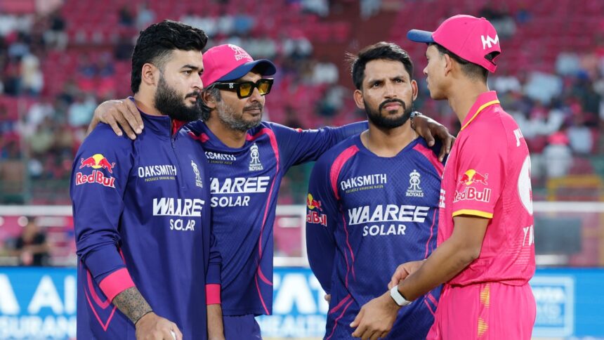 (L-R) Rajasthan Royals' skipper Riyan Parag with head coach Kumar Sangakkara, Dhruv Jurel and Yashasvi Jaiswal. (CREIMAS FOR IPL)