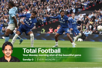 Manchester City's Antoine Semenyo, left, scores the opening goal during the English FA Cup final soccer match between Chelsea and Manchester City in London, Saturday, May 16, 2026. (AP Photo)