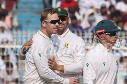 South African spinner Simon Harmer in action. (EXPRESS PHOTO by Partha Paul)