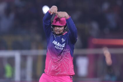 Vaibhav Sooryavanshi gestured an 'A' symbol after smashing a fifty against LSG on Tuesday. (CREIMAS)