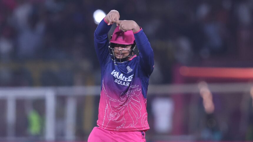 Vaibhav Sooryavanshi gestured an 'A' symbol after smashing a fifty against LSG on Tuesday. (CREIMAS)