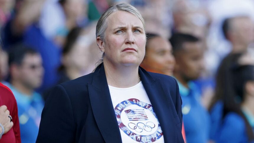 United States head coach Emma Hayes looks on during the national anthem before the women's soccer gold medal match at the 2024 Olympics.