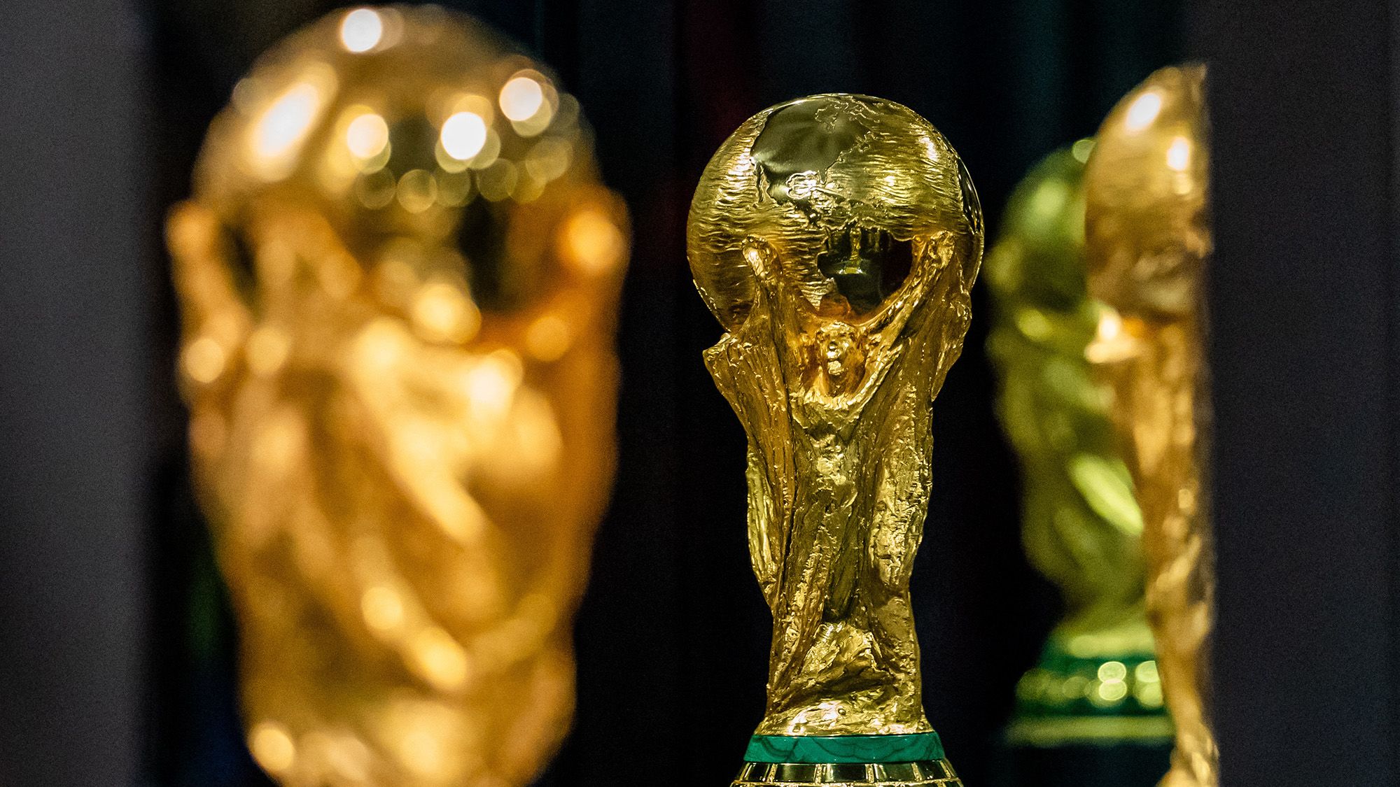 The FIFA World Cup is displayed during the FIFA World Cup Trophy Tour by Coca-Cola at Nathan Phillips Square in Toronto, ON, Canada.